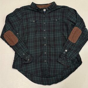 Kavu Outdoor Wear Flannel Women's XL Green Plaid w Corduroy Elbow Patches